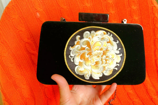Black Velvet Embroidered Clutch Evening Bag For Women, Bridal Shower Gift, Gold, Purple Embroidery Peony Pattern