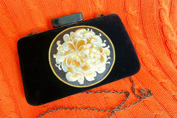 Black Velvet Embroidered Clutch Evening Bag For Women, Bridal Shower Gift, Gold, Purple Embroidery Peony Pattern