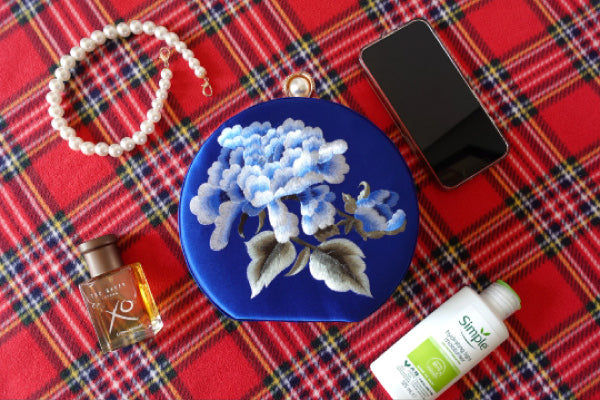 Chic Silk Embroidered Clutch, Round Bridal Bag, Royal Blue & Black, Ideal Weddings and Evening Accessory