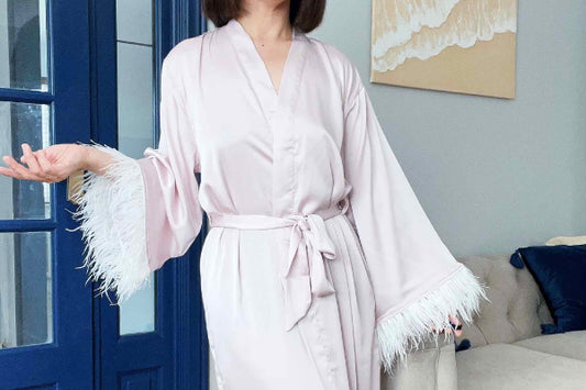 Elegant Pink Silk Bridal Robe with Feather - Ideal Gift for Bridesmaids - Full Length