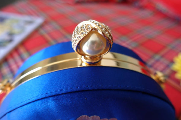 Chic Silk Embroidered Clutch, Round Bridal Bag, Royal Blue & Black, Ideal Weddings and Evening Accessory