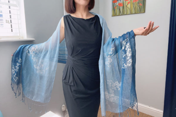 Batik Indigo Linen Scarf with Tassels- Stylish Ombre Shawl, Lightweight Wrap, Unique Birthday Gift for Mother