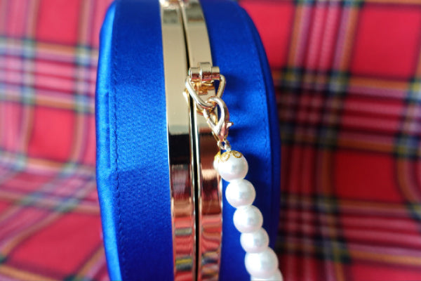 Chic Silk Embroidered Clutch, Round Bridal Bag, Royal Blue & Black, Ideal Weddings and Evening Accessory