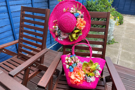 Summer Beach Floral Tote Straw Hat Set