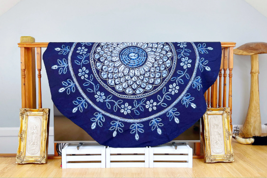 Indigo Tablecloth Round Table Cover Rectangular Shibori Table Sheet Handmade Tie Dye Arts Bed Runner Indigo Home Décor Wall Hanging Tapestry